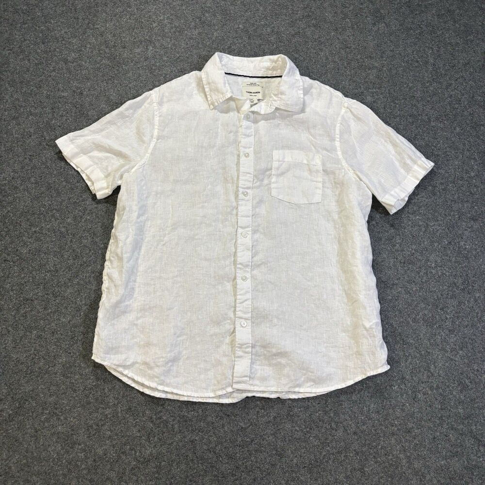 Thom Aaron Shirt Mens XL White Solid Linen Short Sleeve Button Up Casual Summer